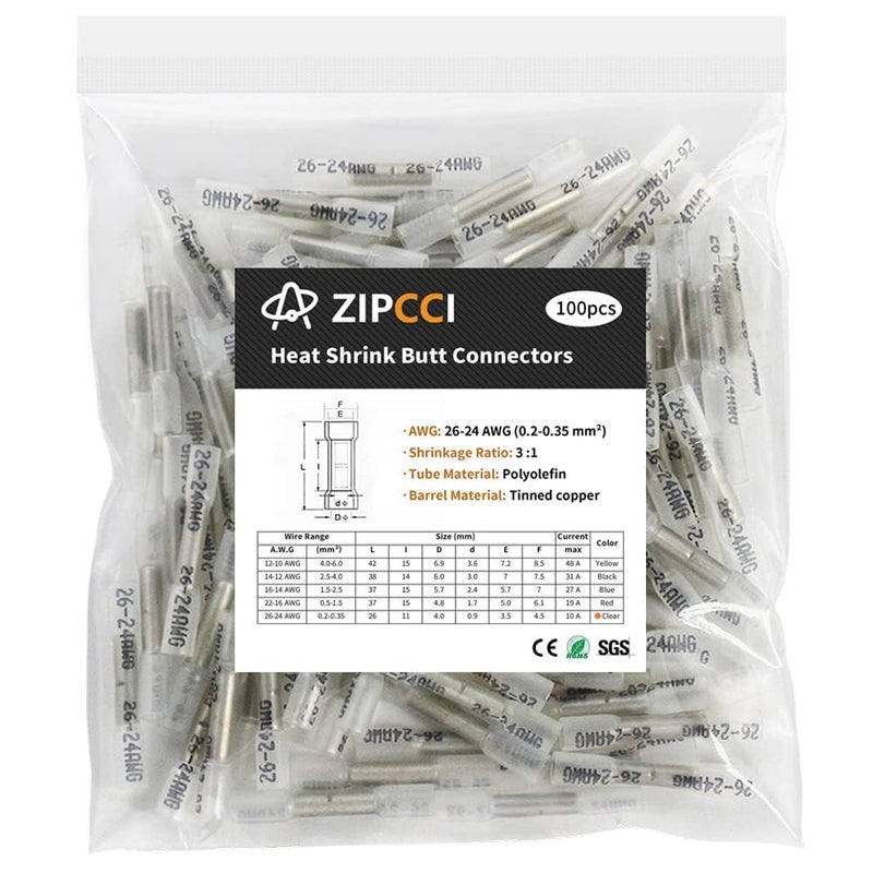 ZIPCCI 26-24 AWG Heat Shrink Butt Connectors - 100Pcs White Insulated Waterproof Electrical Marine Automotive Wire Splice Connector Crimp Wiring Terminals - Image 1